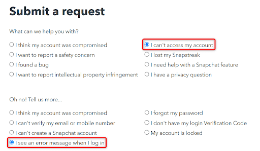 submit request snapchat support